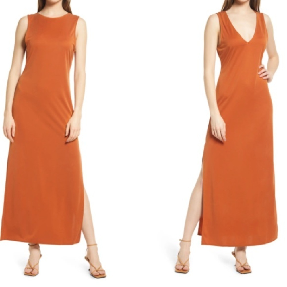 Open Edit NEW Sleeveless Reversible Maxi Dress Small Rust Umber orange modal